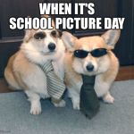 ITS STILL CORGI WEEK WHY AM I NOT GETTING ANY VIEWS | WHEN IT'S SCHOOL PICTURE DAY | image tagged in corgis in suits | made w/ Imgflip meme maker