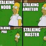 Homer Simpson Nope | STALKING AMATEUR; STALKING NOOB; STALKING  PRO; STALKING MASTER | image tagged in homer simpson nope | made w/ Imgflip meme maker
