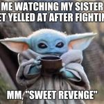Baby Yoda man!!!!!! | ME WATCHING MY SISTER GET YELLED AT AFTER FIGHTING; MM, "SWEET REVENGE" | image tagged in baby yoda man | made w/ Imgflip meme maker