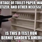 Empty shelf man | SHORTAGE OF TOILET PAPER, WATER, SANITIZER, AND OTHER NECESSITIES. IS THIS A TEST RUN FOR BERNIE SANDER'S AMERICA? | image tagged in empty shelf man | made w/ Imgflip meme maker