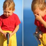 little boy crying with gun