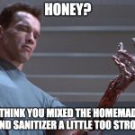 Seriously, mix 1/3 cup aloe vera gel with 2/3 cup 70% isopropyl alcohol and add a few drops of your favorite essential oil scent | HONEY? I THINK YOU MIXED THE HOMEMADE HAND SANITIZER A LITTLE TOO STRONG | image tagged in terminator,coronavirus,hand sanitizer | made w/ Imgflip meme maker