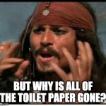 Jack Sparrow | BUT WHY IS ALL OF THE TOILET PAPER GONE? | image tagged in jack sparrow | made w/ Imgflip meme maker