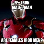 Ironic Iron Man | FE= IRON
MALE= MAN; ARE FEMALES IRON MEN? | image tagged in ironic iron man | made w/ Imgflip meme maker