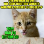 Cute Pun Cat | DID YOU HEAR ABOUT THE CONSTRUCTION WORKER WHO WAS ACCUSED OF ROBBERY? THEY HAD TO LET HIM GO; THERE WAS NO CONCRETE EVIDENCE | image tagged in bad pun cat,memes,construction worker,law and order,cats,heavencanwait | made w/ Imgflip meme maker