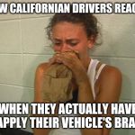 Maybe they speed because braking is stressful??? | HOW CALIFORNIAN DRIVERS REACT... WHEN THEY ACTUALLY HAVE TO APPLY THEIR VEHICLE'S BRAKES | image tagged in don't panic,no brakes,speeding | made w/ Imgflip meme maker