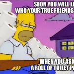 Homer Simpson toilet paper | SOON YOU WILL LEARN WHO YOUR TRUE FRIENDS ARE; WHEN YOU ASK FOR A ROLL OF TOILET PAPER | image tagged in homer simpson toilet paper | made w/ Imgflip meme maker