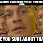 Are you sure about that | YOU CAN MAKE A GOOD PHONE WITHOUT MORE CAMERAS
APPLE:; ARE YOU SURE ABOUT THAT? | image tagged in are you sure about that | made w/ Imgflip meme maker