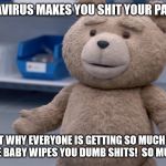 Ted Question | SO CORONAVIRUS MAKES YOU SHIT YOUR PANTS A LOT? IS THAT WHY EVERYONE IS GETTING SO MUCH TOILET PAPER?  USE BABY WIPES YOU DUMB SHITS!  SO MUCH BETTER! | image tagged in ted question | made w/ Imgflip meme maker