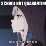 Weaklings die. Big Deal | MY SCHOOL NOT QUARANTINING | image tagged in weaklings die big deal | made w/ Imgflip meme maker