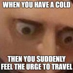 Nervous Gru | WHEN YOU HAVE A COLD; THEN YOU SUDDENLY FEEL THE URGE TO TRAVEL | image tagged in nervous gru | made w/ Imgflip meme maker