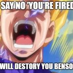 Angry Vegeta | ¡¡¡¡¡¡I SAY NO 'YOU'RE FIRED'!!!!!! ¡¡¡¡¡¡¡I WILL DESTORY YOU BENSON!!!!!!! | image tagged in angry vegeta | made w/ Imgflip meme maker