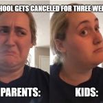 hmmm | *SCHOOL GETS CANCELED FOR THREE WEEKS*; PARENTS:                  KIDS: | image tagged in hmmm | made w/ Imgflip meme maker