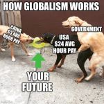One Sided Dog Fight | HOW GLOBALISM WORKS; CHINA $3 AVG HOUR PAY; GOVERNMENT; USA  $24 AVG HOUR PAY; YOUR FUTURE | image tagged in one sided dog fight | made w/ Imgflip meme maker