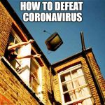 throwing tv out window meme | HOW TO DEFEAT 
CORONAVIRUS | image tagged in throwing tv out window meme,corona virus,coronavirus,tell lie vision,nwo,illuminati | made w/ Imgflip meme maker
