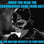 Droll Catwoman | WHEN YOU HEAR THE CORONAVIRUS CAME FROM BATS; AND YOU HAD ONE RECENTLY IN YOUR MOUTH | image tagged in droll catwoman | made w/ Imgflip meme maker