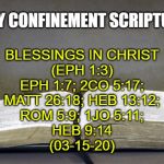 Bible | DAILY CONFINEMENT SCRIPTURES; BLESSINGS IN CHRIST
(EPH 1:3)
EPH 1:7; 2CO 5:17;
MATT 26:18; HEB 13:12;
ROM 5:9; 1JO 5:11;
HEB 9:14
(03-15-20) | image tagged in bible | made w/ Imgflip meme maker