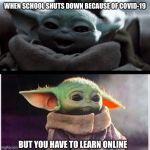 Happy baby yoda vs sad baby yoda | WHEN SCHOOL SHUTS DOWN BECAUSE OF COVID-19; BUT YOU HAVE TO LEARN ONLINE | image tagged in happy baby yoda vs sad baby yoda | made w/ Imgflip meme maker