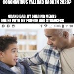 coronavirus | GRANDSON:HEY GRAND DAD...HOW DID YOU SURVIVE THAT CORONAVIRUS YALL HAD BACK IN 2020? GRAND DAD: BY SHARING MEMES ONLINE WITH MY FRIENDS AND STRANGERS | image tagged in coronavirus | made w/ Imgflip meme maker