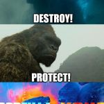 Godzilla vs Kong | DESTROY! PROTECT! | image tagged in godzilla vs kong | made w/ Imgflip meme maker