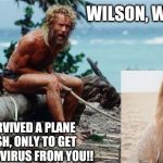 Wilson - Tom Hanks | WILSON, WILSON; I SURVIVED A PLANE CRASH, ONLY TO GET CORONAVIRUS FROM YOU!! | image tagged in wilson - tom hanks | made w/ Imgflip meme maker