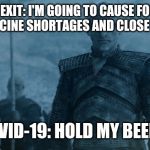 Hold my beer | BREXIT: I'M GOING TO CAUSE FOOD AND MEDICINE SHORTAGES AND CLOSE BORDERS; COVID-19: HOLD MY BEER... | image tagged in hold my beer | made w/ Imgflip meme maker