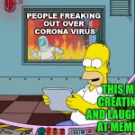 Not many freaking out but I know of a couple who are. Always be prepared in the future. | PEOPLE FREAKING 
OUT OVER 
CORONA VIRUS; THIS ME CREATING AND LAUGHING AT MEMES | image tagged in homer simpson,corona virus,freak out,panic | made w/ Imgflip meme maker