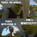 For Five Minutes | CAN YOU NOT TRAVEL THE WORLD... ...FOR 5 MINUTES?!?! PEOPLE WITH COVID-19 | image tagged in for five minutes | made w/ Imgflip meme maker
