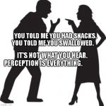 Battle of sexes | YOU TOLD ME YOU HAD SNACKS. YOU TOLD ME YOU SWALLOWED. IT'S NOT WHAT YOU HEAR. PERCEPTION IS EVERYTHING. | image tagged in battle of sexes | made w/ Imgflip meme maker