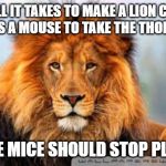 lion mouse | IF ALL IT TAKES TO MAKE A LION CALM DOWN IS A MOUSE TO TAKE THE THORNS OUT; MAYBE MICE SHOULD STOP PLAYING | image tagged in lion mouse | made w/ Imgflip meme maker