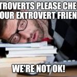 Lonely Extrovert | INTROVERTS PLEASE CHECK ON YOUR EXTROVERT FRIENDS.... WE'RE NOT OK! | image tagged in lonely extrovert | made w/ Imgflip meme maker
