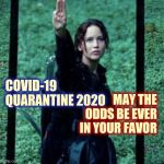 May The Covid-19 Odds Be Ever In Your Favor | COVID-19 QUARANTINE 2020; MAY THE ODDS BE EVER IN YOUR FAVOR | image tagged in may the odds,covid-19,coronavirus,quarantine,the hunger games,happy hunger games | made w/ Imgflip meme maker