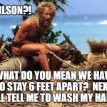 Cast away | WILSON?! WHAT DO YOU MEAN WE HAVE TO STAY 6 FEET APART?  NEXT YOU'LL TELL ME TO WASH MY HANDS!! | image tagged in cast away | made w/ Imgflip meme maker