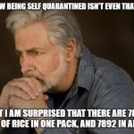 self quarantine | YOU KNOW BEING SELF QUARANTINED ISN'T EVEN THAT BORING; BUT I AM SURPRISED THAT THERE ARE 7884 GRAINS OF RICE IN ONE PACK, AND 7892 IN ANOTHER. | image tagged in deep thought,boring | made w/ Imgflip meme maker