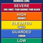 Coronavirus | SICKNESS-LEVEL; CDC-SWAT-TEAM RAIDING YOUR BLOCK; DROWSY; SNEEZE; COUGH; HEALTHY | image tagged in coronavirus | made w/ Imgflip meme maker