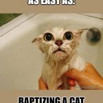 wet cat | AS EASY AS:; BAPTIZING A CAT | image tagged in wet cat | made w/ Imgflip meme maker