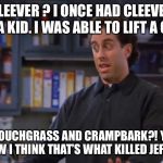 Jerry Seinfeld | CLEEVER ? I ONCE HAD CLEEVER AS A KID. I WAS ABLE TO LIFT A CAR; COUCHGRASS AND CRAMPBARK?! YA KNOW I THINK THAT’S WHAT KILLED JEFFREY | image tagged in jerry seinfeld | made w/ Imgflip meme maker