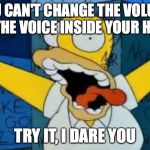 this will ruin your day | YOU CAN'T CHANGE THE VOLUME OF THE VOICE INSIDE YOUR HEAD; TRY IT, I DARE YOU | image tagged in homer going crazy | made w/ Imgflip meme maker