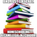 Homeschool (Ecuador) | AND, JUST LIKE THAT, HOMESCHOOLING BECAME LEGAL IN ECUADOR! | image tagged in homeschool ecuador | made w/ Imgflip meme maker