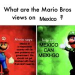 What Are the Mario Bros views on... | Mexico; Mexico is a respectable country with its own problems and government. We should not get involved with them if we don’t need to. MEXICO CAN MEXI-GO | image tagged in what are the mario bros views on | made w/ Imgflip meme maker