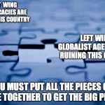 puzzle | RIGHT  WING CONPSRICACIES ARE RUINING THIS COUNTRY; LEFT WING GLOBALIST AGENDAS ARE RUINING THIS COUNTRY; YOU MUST PUT ALL THE PIECES OF A PUZZLE TOGETHER TO GET THE BIG PICTURE | image tagged in puzzle | made w/ Imgflip meme maker