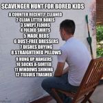 Bored | SCAVENGER HUNT FOR BORED KIDS; A COUNTER RECENTLY CLEANED

2 CLEAN LITTER BOXES

3 SWEPT FLOORS

4 FOLDED SHIRTS; 5 MADE BEDS

6 DUST-FREE DRESSERS

7 DISHES DRYING

8 STRAIGHTENED PILLOWS; 9 HUNG UP HANGERS

10 SOCKS A-SORTED

11 WINDOWS SHINING

12 TISSUES TRASHED | image tagged in bored | made w/ Imgflip meme maker