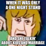 high shaggy | WHEN IT WAS ONLY A ONE NIGHT STAND; AND SHE TALKIN' ABOUT KIDS AND MARRIAGE | image tagged in high shaggy | made w/ Imgflip meme maker