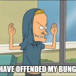 Beavis Cornholio | YOU HAVE OFFENDED MY BUNGHOLE | image tagged in beavis cornholio | made w/ Imgflip meme maker