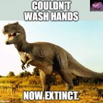 Wash your hands. | COULDN'T WASH HANDS; NOW EXTINCT. | image tagged in t-rex | made w/ Imgflip meme maker