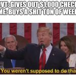 Trump You Weren't Supposed to Do That | GOVT: GIVES OUT $1,000 CHECKS.
ME: BUYS A SHIT TON OF WEED | image tagged in trump you weren't supposed to do that | made w/ Imgflip meme maker