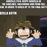 Beware the Mighty Eizouken | GODZILLA 2014: KEEPS GODZILLA IN THE SIDELINES, OBSCURING HIM FROM FULL VIEW, IN ORDER TO BUILD UP TO THE FINAL BATTLE; GODZILLA KOTM: | image tagged in beware the mighty eizouken | made w/ Imgflip meme maker