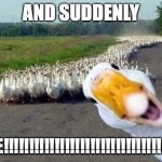 GOOSE | AND SUDDENLY; GEESE!!!!!!!!!!!!!!!!!!!!!!!!!!!!!!!!!!!!!!! | image tagged in goose | made w/ Imgflip meme maker