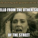 adele hello | Adele during self-quarantine be like; HELLO FROM THE OTHER SIDE; OF THE STREET | image tagged in adele hello | made w/ Imgflip meme maker