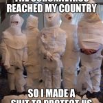 Coronavirus | THE CORONAVIRUS REACHED MY COUNTRY; SO I MADE A SUIT TO PROTECT US | image tagged in coronavirus | made w/ Imgflip meme maker